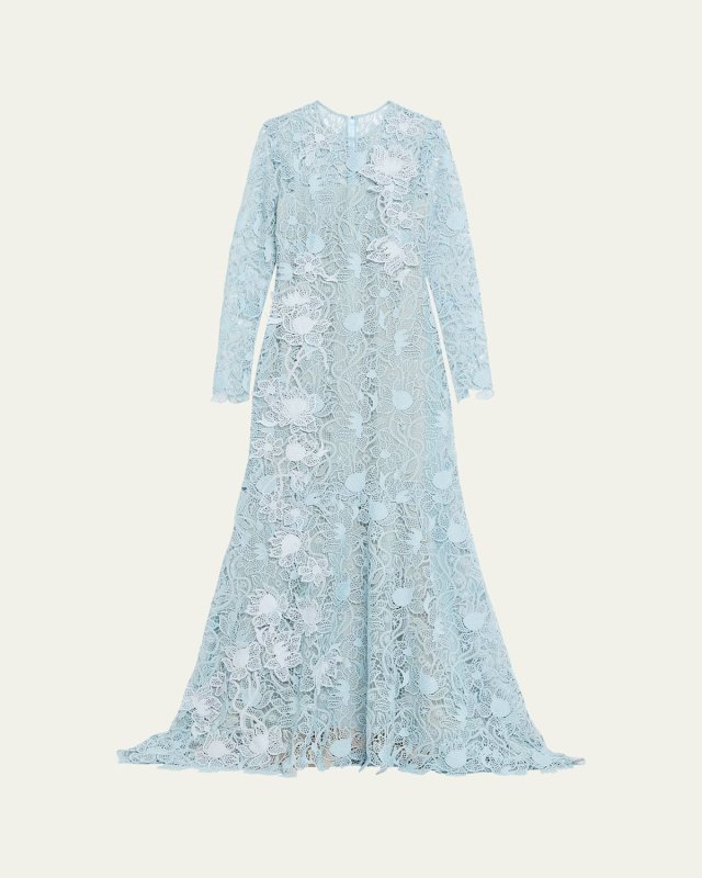 Long-Sleeve Corded Botanical Guipure Gown